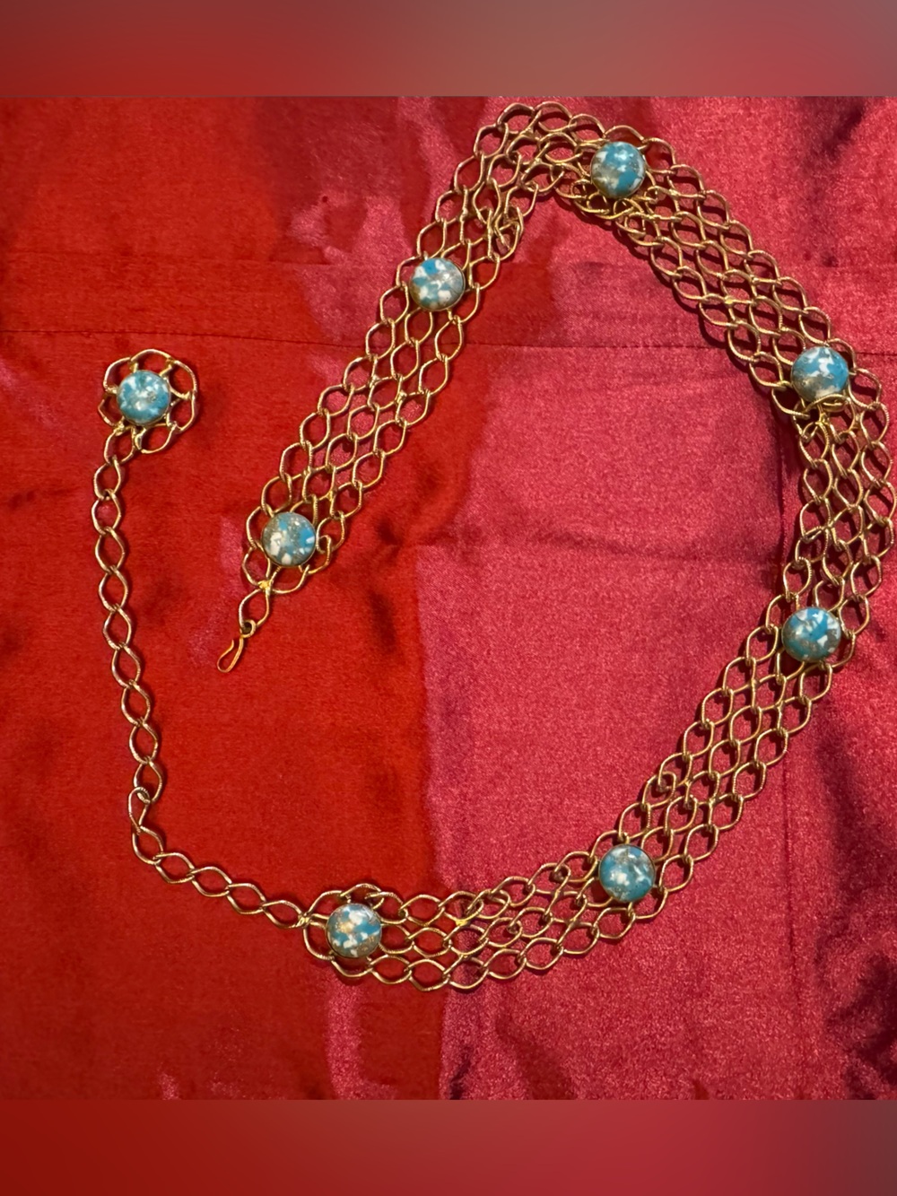 Gold-Tone Multi-Chain belt with Blue Cabochons